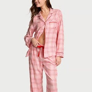 Women's Pink Plaid Button-Dow Flannel Long Pajama Set large regular nwt